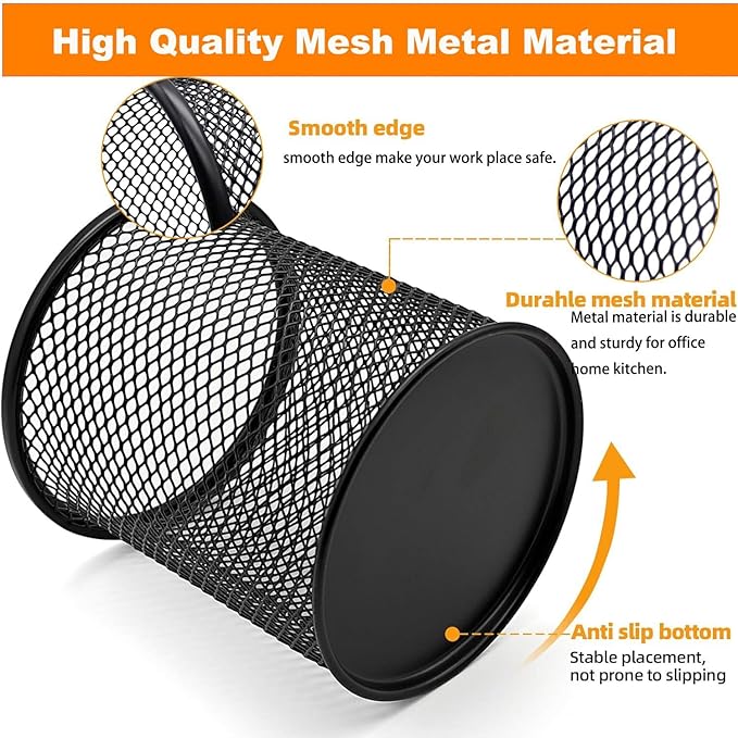 Pen Holder Mesh Pencil Holder Metal Pen Holder Cup Pencil Cup Holder for Desk Office Pen Organizer Black, 4 Pack