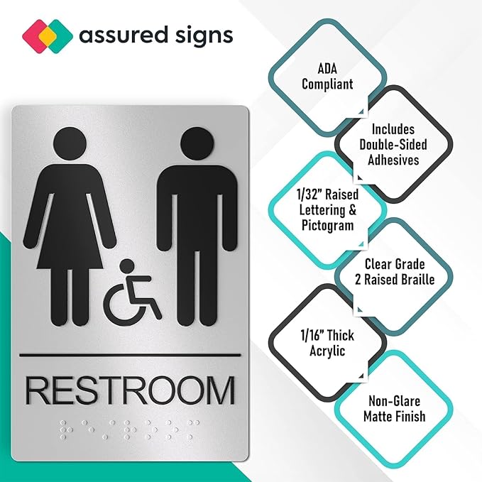 Unisex Bathroom Signs, Restroom Sign For Business - For Men and Women - 10 Pack - 9" by 6" - ADA Compliant with Braille - Strong Double-Sided Adhesives Included - Apply to Office, Home, Public Door/Wall