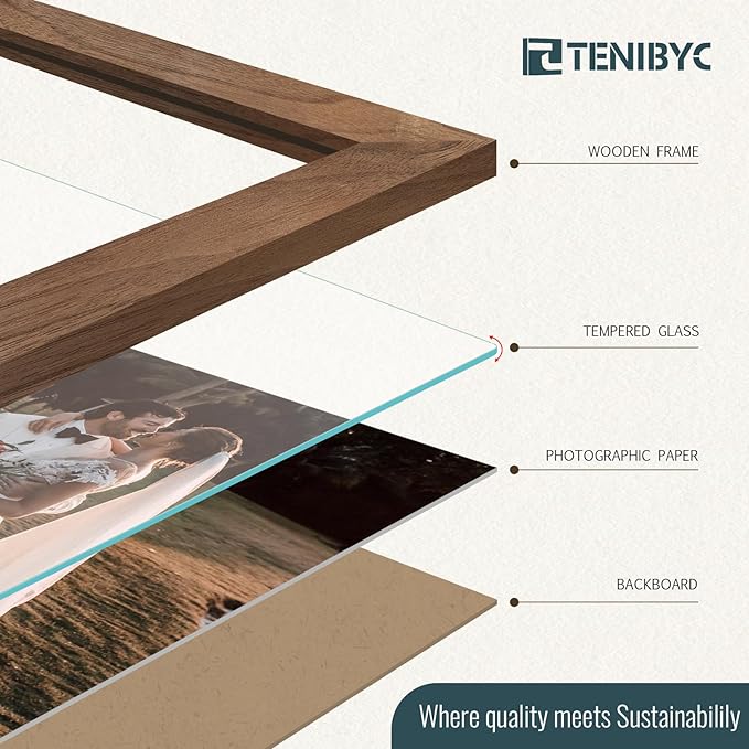 13x19 Picture Frame Set of 4, Textured Walnut Wood & HD Tempered Glass, Brown 19x13 Poster Frame for Wall