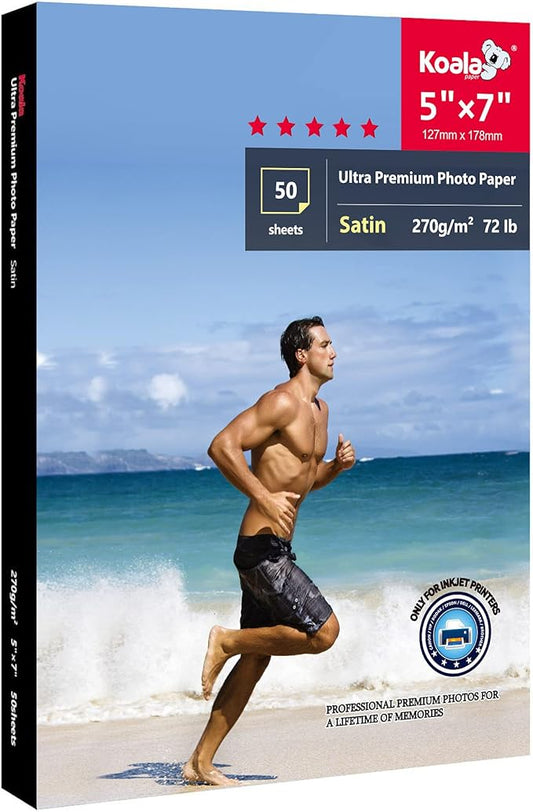Koala Ultra Premium Photo Paper 5x7 In Satin Photo Printer Paper for Inkjet Printer Water-Resistant Semi Gloss 50 Sheets 72lb