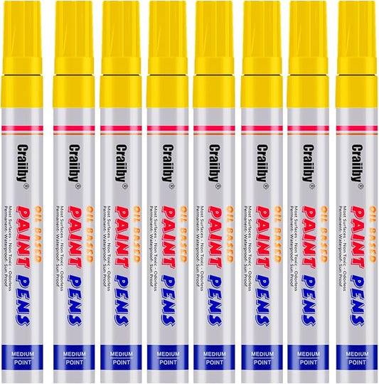 Yellow Paint Markers, 8 Pack Oil-Based Waterproof Quick Dry Permanent Paint Pen Set for Rocks Painting, Wood, Fabric, Plastic, Canvas, Glass, Mugs, Metal, Tire, Stone, DIY Craft