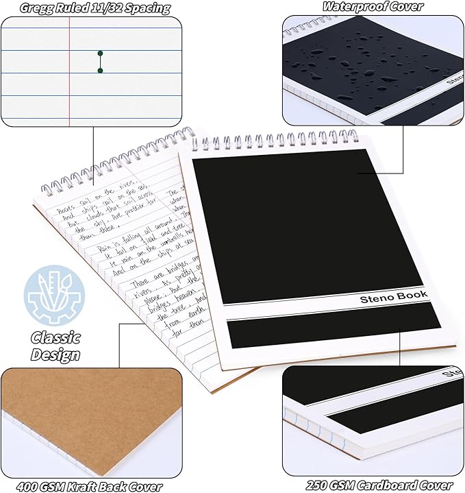 24 Pack Black Steno Pads 6 x 9 in Spiral Top Notebooks Bulk Note Pads 60 Sheets Gregg Rule Writing Paper Steno Notebooks for Students Teachers Men Women Professionals Office School Recording work