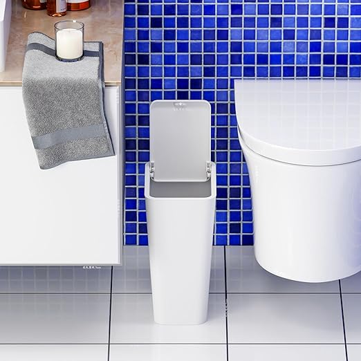 Yieach 12L White Slim Bathroom Trash Can with Lid,3.17 Gallon Pet/Dog Proof Kitchen Trash Can,Rectangle Thin Garbage Can,Covered Waste Basket,Narrow Small Plastic Trashcan for Room,Bedroom,Office,1PCS