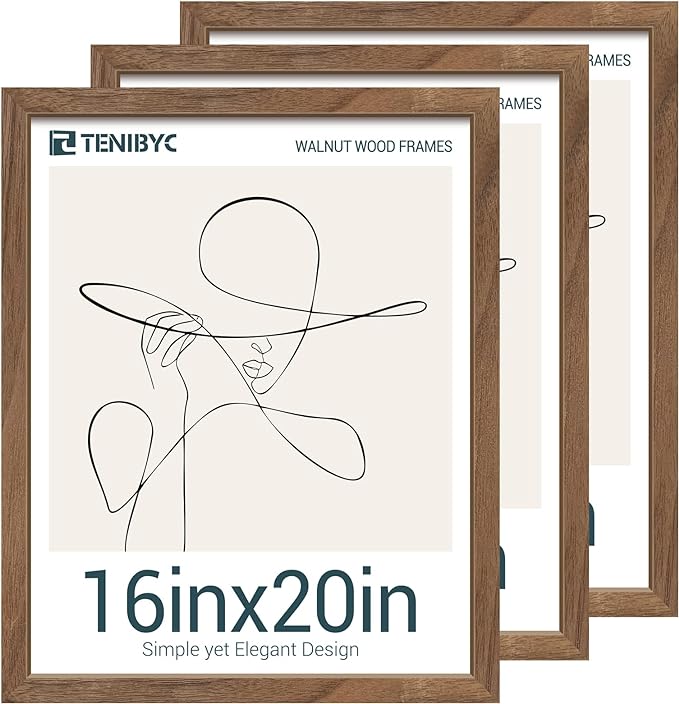 16x20 Poster Frame 3 Pack with HD Glass- Brown Walnut, Natural Solid Wood Picture Frame, Wall Gallery Frame