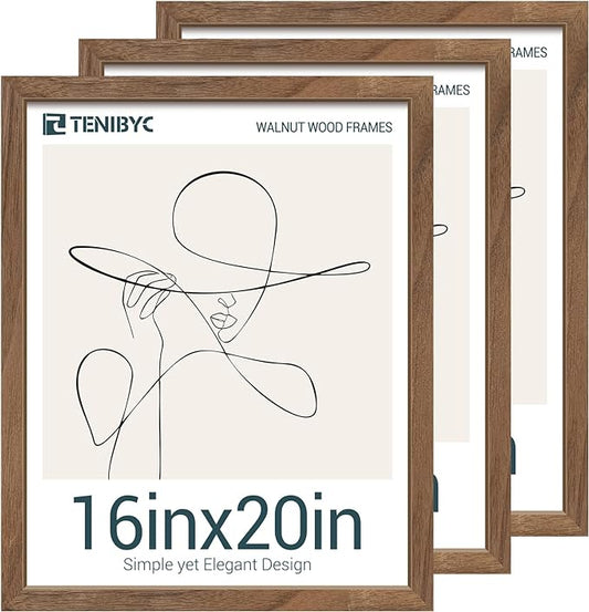 16x20 Poster Frame 3 Pack with HD Glass- Brown Walnut, Natural Solid Wood Picture Frame, Wall Gallery Frame