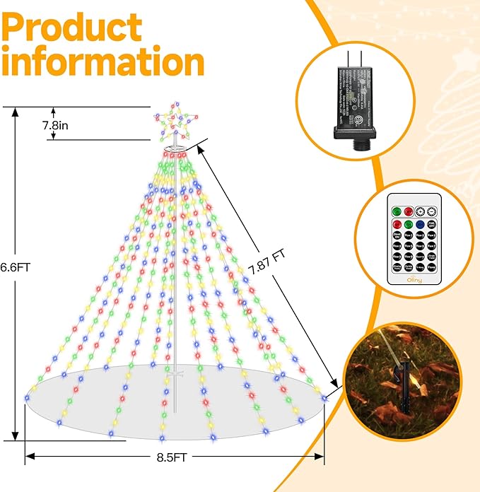 Ollny Christmas Lights Tree 340LED with Topper Star, IP67 Waterproof Remote Control Waterfall Lights with Pole, 16 Modes 3 Timers Dimmable Christmas Decorations Outdoor Yard Garden Lawn Multicolored