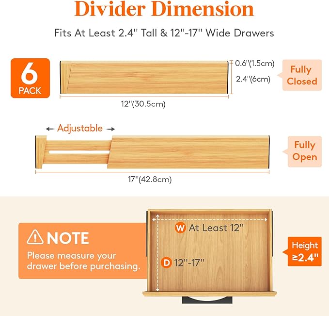Lifewit 6 Pack Drawer Dividers Bamboo 2.4" High, 12-17" Adjustable Drawer Organizers for Clothes, Wooden Dresser Separators in Bedroom/Bathroom/Kitchen/Fridge/Office Organization and Storage