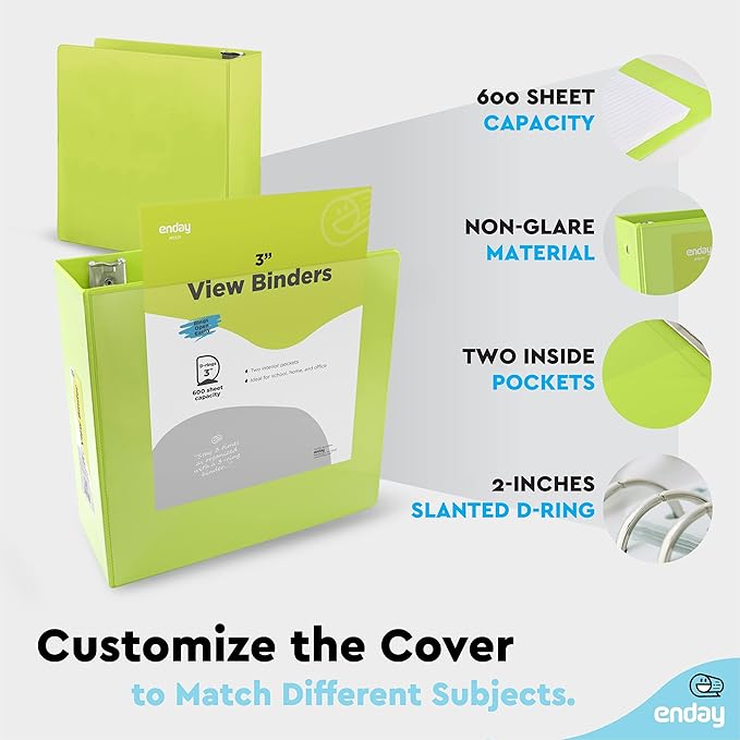 3 Slant D-Ring Binder 3 Inch Green, 3 in Clear View Cover with 2 Inside Pockets Binder, Heavy Duty Colored School Supplies Binders,Also Available in Red, Grey, Purple, Blue, Pink (12 PC) – by Enday