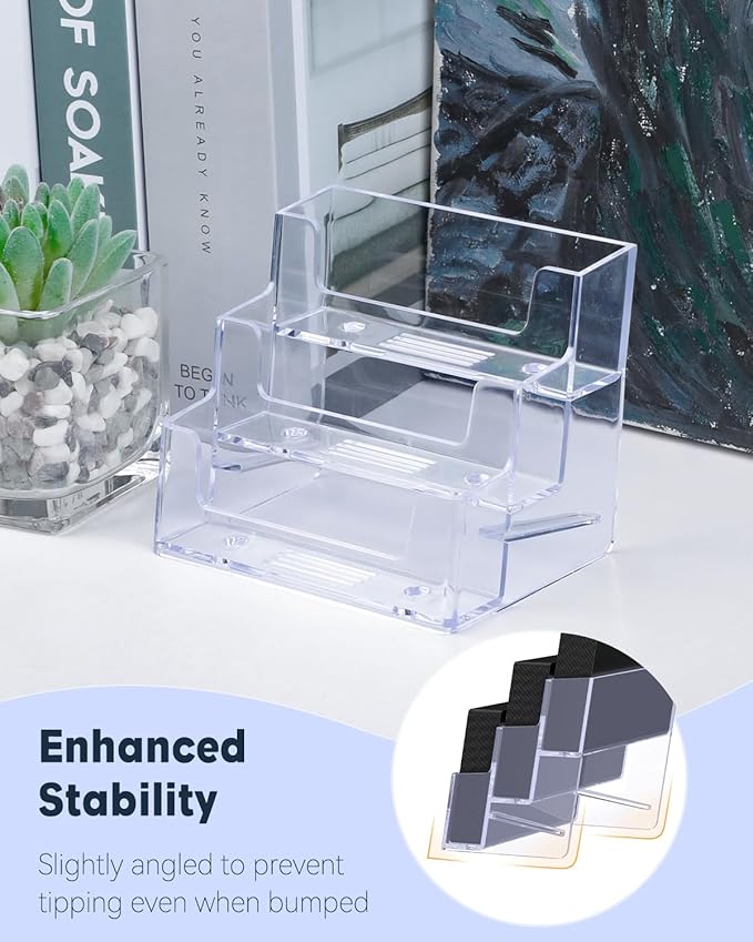 Uniclife 4 Pack Acrylic Business Card Holder for Desk 3 Slots Clear Business Card Display Stand for Men & Women Desktop Business Card Organizer Card Stand for Office Home Exhibition, 180 Card Capacity