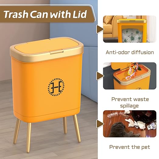Bedroom Trash Can with Lid,Slim Bathroom Trash Cans with Lids, Dog Proof Trash Bin with Press Top Lid,Modern Gold Trash Can Plastic Waste Basket for Living Room, Office,Kitchen, 4 Gal-Orange