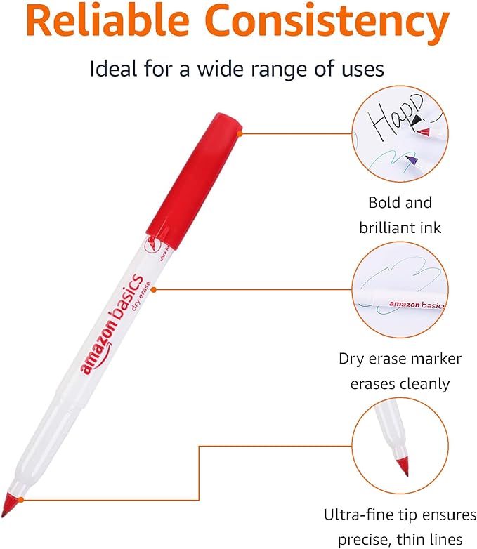Amazon Basics Low Odor Ultra Fine Tip Dry Erase White Board Markers, Assorted Colors, 12-Pack