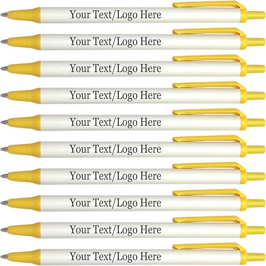 Personalized Click Stick Pens With your Custom Logo or Text-300 Pack Bulk-for Businesses, Parties, and Events, Custom Printed Retractable Slim Ballpoint Pens, Yellow, Black Ink