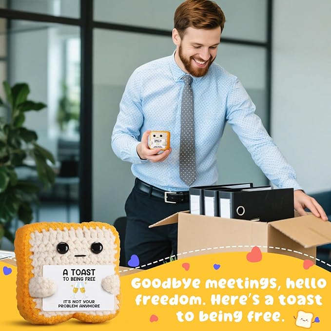 Crochet Toast “A Toast to Being Free” Plush – Funny Celebration Gifts for Woman Men Best friend Coworker “It’s Not Your Problem Anymore” Card for Leaving Workor, Retirement, Divorce, Graduation Gift