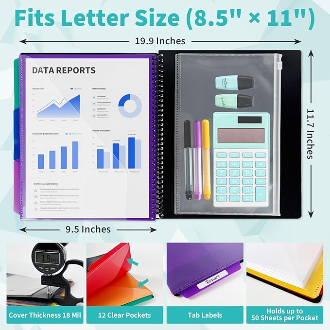 Binditek 12-Pocket Poly Project Organizer, Heavy-Duty Poly Cover, Clear Front Pocket, 6-Color Dividers with 1/3-Cut Tabs, Fixed Zipper Pouch, Letter-Size, Black