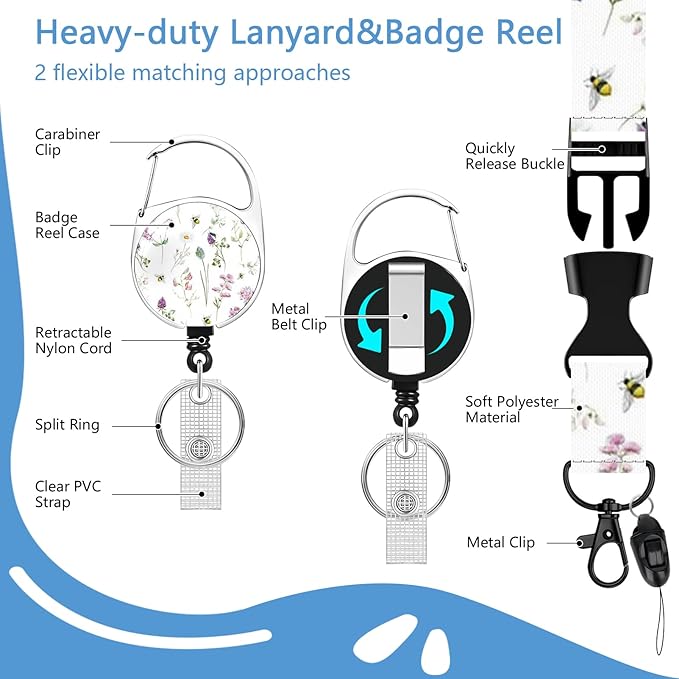 Flowers Badge Holder Reel Lanyard,ID Card Badge Holder Retractable Name Tag Clips for Doctor Nurse Teacher Office Student