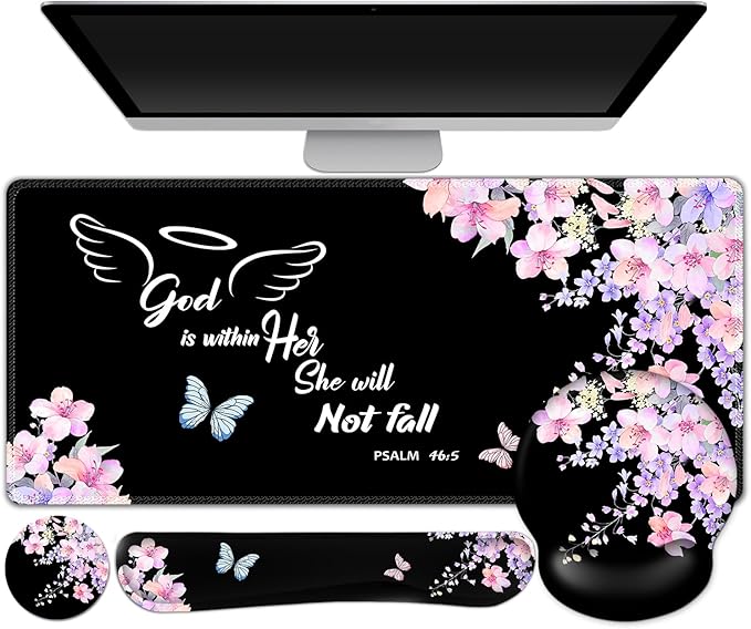 ARTSO Large Mouse Pad Ergonomic Keyboard Wrist Rest Support Combo, Psalm 46:5 God is Within Her, She Will not Fall -Bible Verse Flower Butterfly Extended Desk Mat Blotter