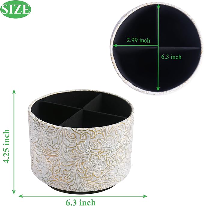 lizimandu Round Leather Art Supply Organizer,Remote Control Holder,360 Degree Spinning,Multi-Functional Pencil Holder,4 Compartments Desktop Stationary Organizer(1-Carved White Gold)