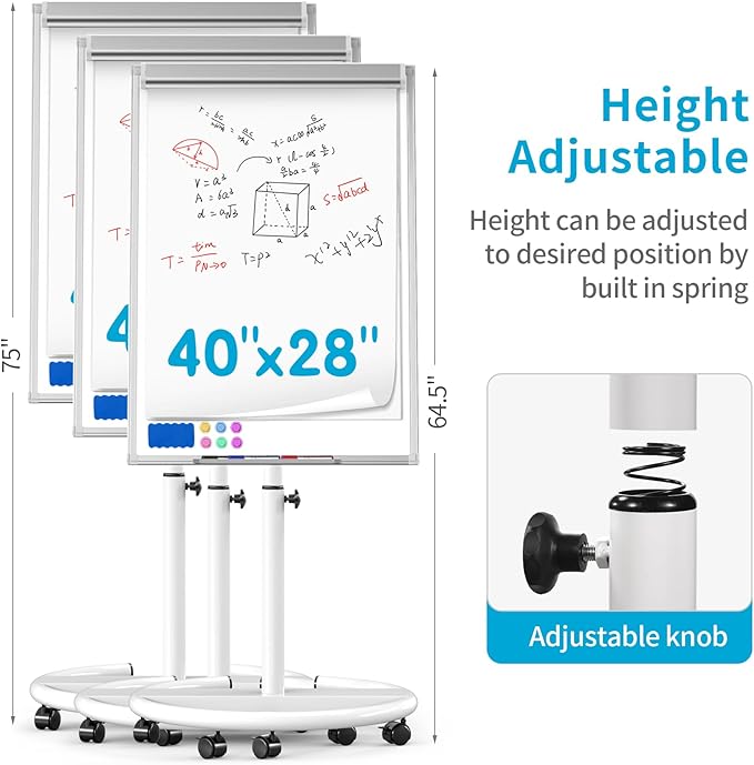 Mobile Dry Erase Board 40 x 28 inch, Magnetic Whiteboard on Height Adjustable Stand Dry Erase Easel Board with Flipchart Pad