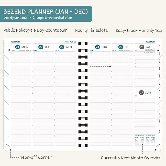 BEZEND 2026 Planner Weekly and Monthly (6" x 8.5" Spiral) Daily Calendar with Half-Hourly Timeslots & Tabs (Jan-Dec) Note & Expenses, Pen Holder, Inner Pocket, Vegan Leather Softcover - Sky Blue