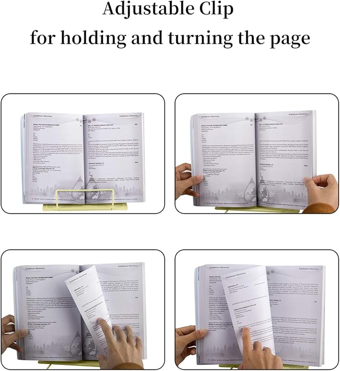 MSDADA Desk Book Stand Metal Reading Rest Book Holder Adjustable Cookbook Documents Holder Portable Sturdy Bookstands for Recipes Textbooks Tablet Music Books with Page Clips (Light Yellow)