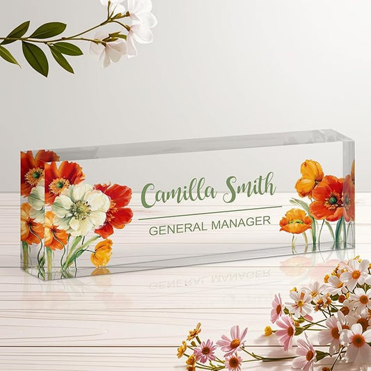 Ship Next Day Personalized Name Plate for Desk, Custom Acrylic Desk Name Sign, Office Appreciation Gifts for Women Men Coworkers Boss Teacher Employee (Flower-Floral)