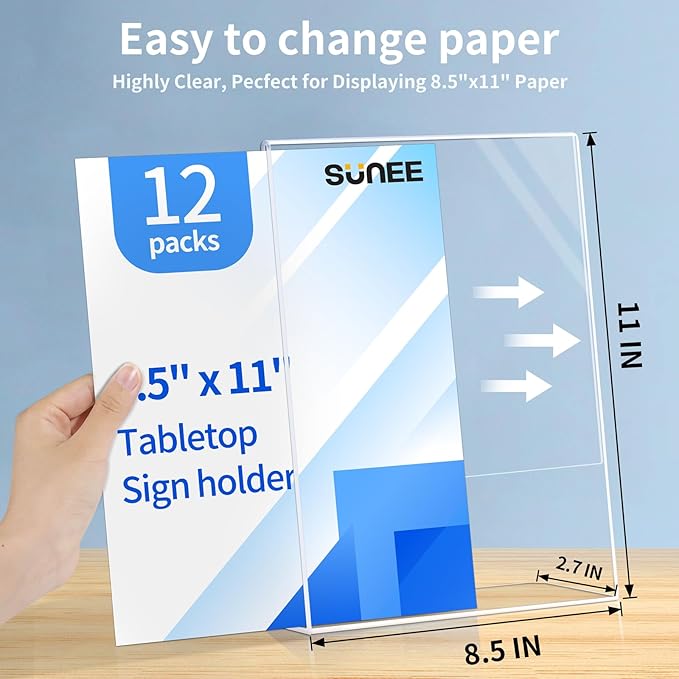 SUNEE 12 packs Clear Plastic Sign Holders for 8.5x11 Paper, Vertical L-shape Frame for Displaying Signs and Menus