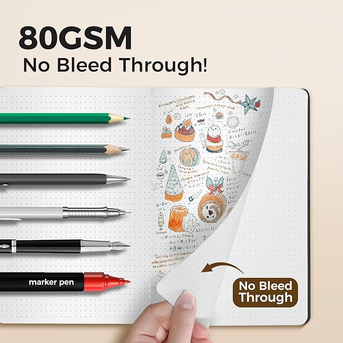 Dot Grid Notebook A5-60 Pages Thick Paper No Bleed, Black Cover Bullet Journal & Sketchbook, Lay Flat Binding for Smooth Writing | Dotted Notebook for Notes, Planning, Drawing, 12 Pack