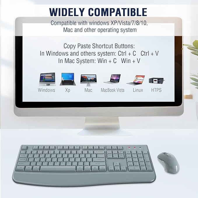 Wireless Keyboard and Mouse Combo, Full-Sized 2.4GHz Wireless Keyboard with Comfortable Palm Rest and Optical Mouse for Windows, Mac OS PC/Desktops/Computer/Laptops (Gray)