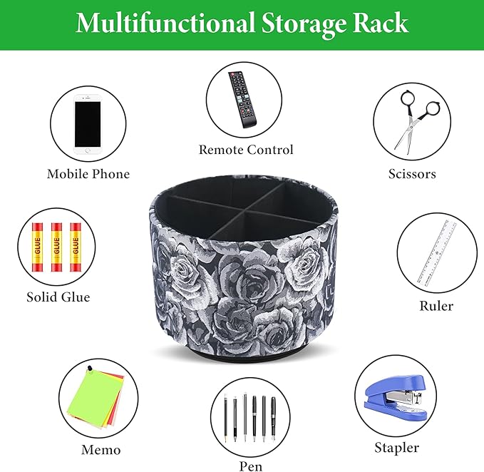 QIELIZI Round Leather Art Supply Organizer,Remote Control Holder,360 Degree Rotating,Multi-Functional Pencil Holder,4 Compartments Desktop Stationary Organizer(1-3D Black Grey)