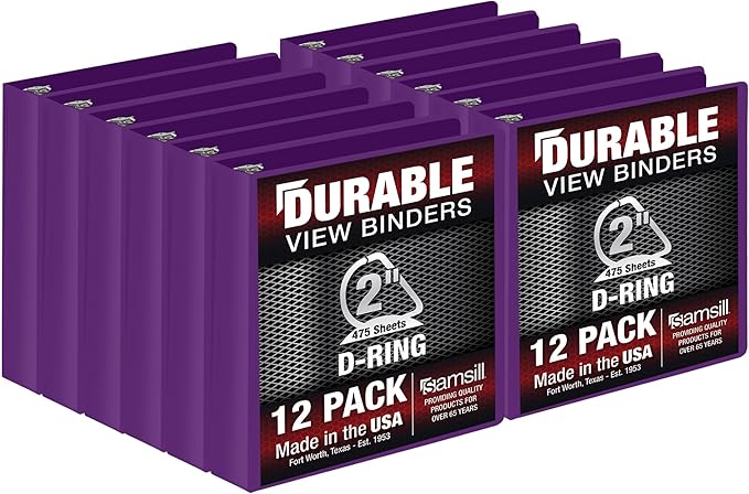 Samsill Durable 2 Inch Binder, Made in The USA, D Ring Binder, Customizable Clear View Cover, Purple, 12-Pack, Holds 475 Pages