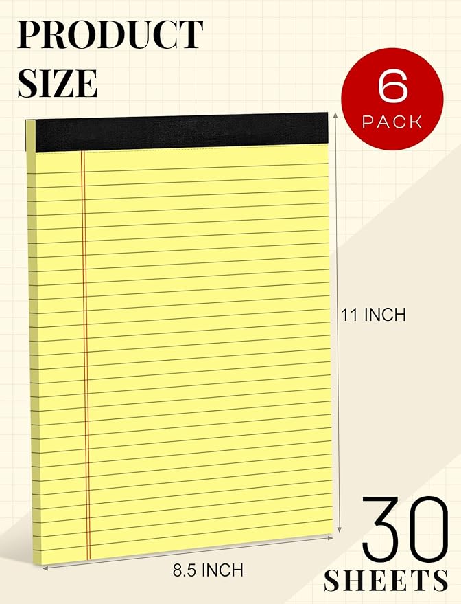 Note Pads 8.5 x 11 Wide Ruled Lined Writing Pads Yellow Legal Pads Letter Size 8.5 x 11 Notebook for Work Micro Perforated Legal Notepads Yellow Lined Paper Pads 27 Lines - 6 Pads/Pack, 30 Sheets/Pad