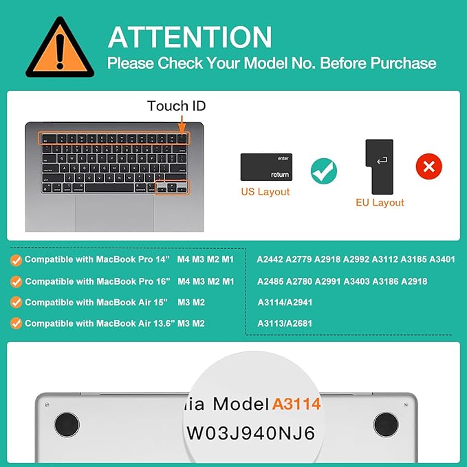 MOSISO Keyboard Cover Skin Compatible with MacBook Air 15 inch M3 A3114 M2 A2941/Air 13.6 A3113 A2681/Pro 14/16 M4 M3 M2 M1, Space Gray