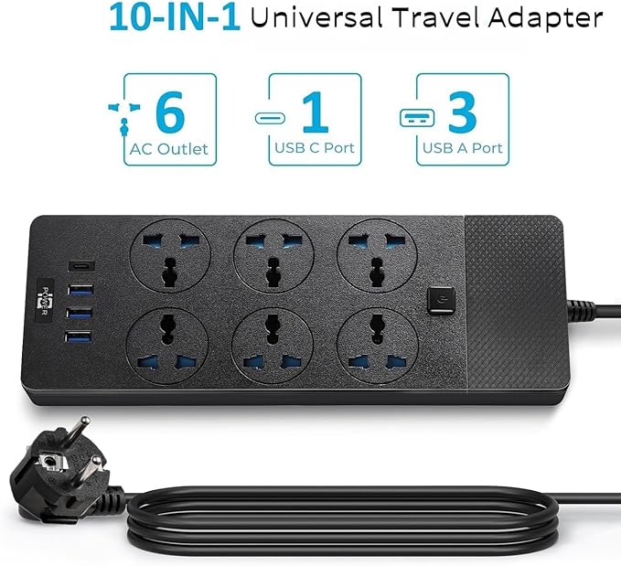 European Power Strip, Jumpso Universal Power Strip with 6 AC Outlets and 4 USB Ports, 110-240v, 3000w 6ft Extension Cord with EU Plug, Outlet Extender Plug Adapter for Overseas Travel Essentials
