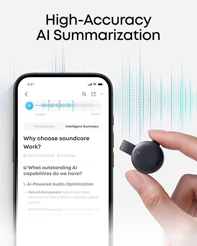 soundcore Work by Anker Portable AI Voice Recorder, AI Transcription & Summarization, 6-Month Pro at No Charge, Cross-Meeting Summary, Double-Tap to Mark, MFi Certified, Privacy Protection(Black)