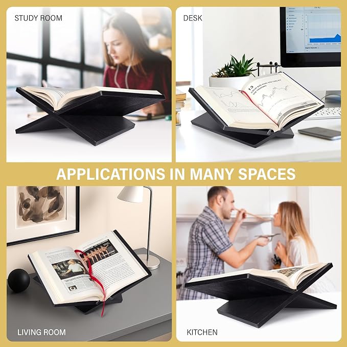 Solid Wood Book Stand for Reading and Display, Foldable Book Holder for Cookbooks, Art Books, Bibles, Magazines – Open Book Stand for Kitchen, The Front Stopper Helps Prevent Books from Sliding.