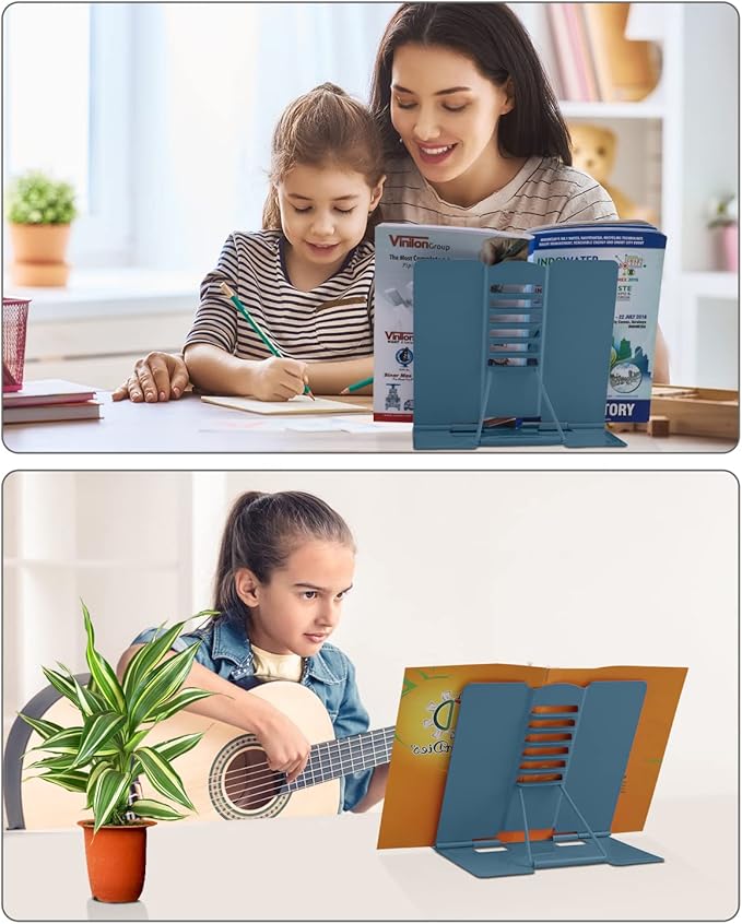 MSDADA Desk Book Stand Holder for Reading, Adjustable Cookbook Stand Metal Reading Stand for Textbooks Recipes Music Books Tablet (Morandi Navy)