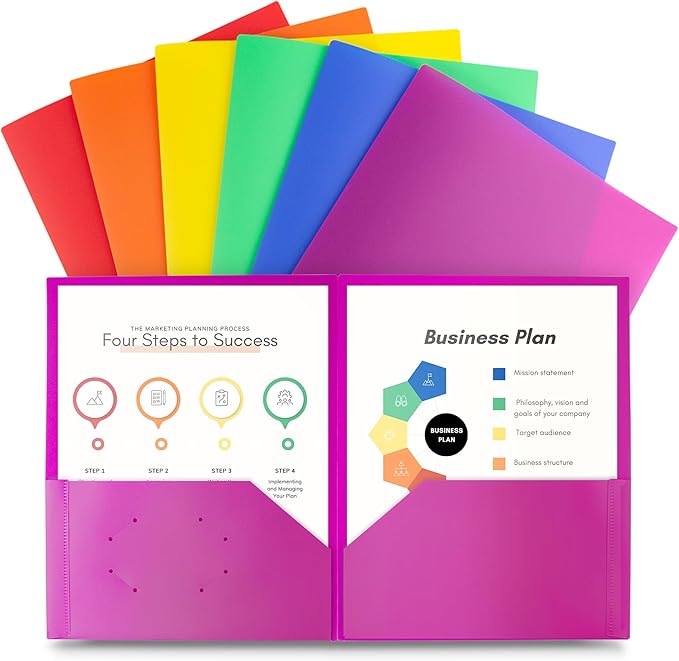 Dunwell Plastic 2-Pocket Folders (6 Pack, Assorted Colors), 8.5x11 Document Folders for School and Office, Heavy Duty Poly, Long Lasting, Includes Labels