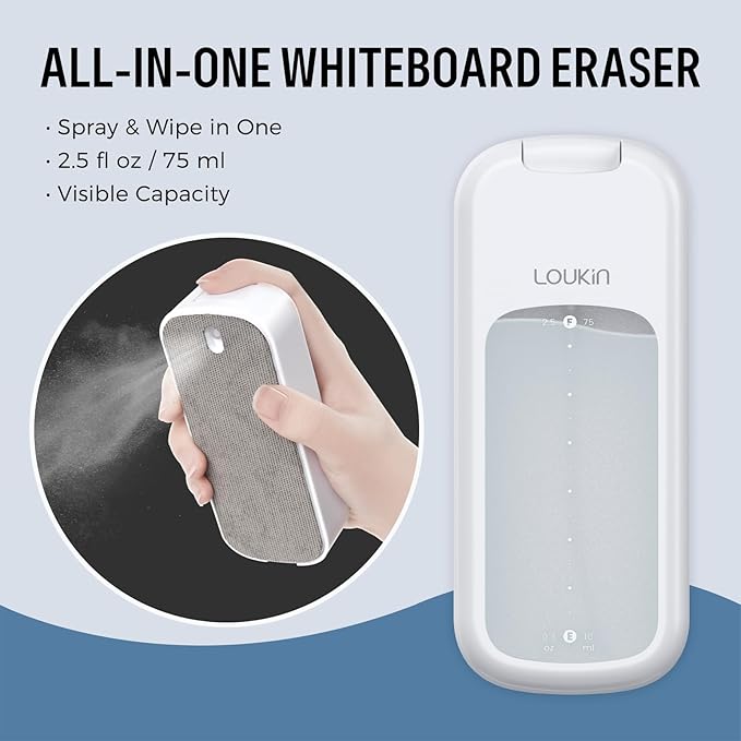 loukin Inventive All-in-One Dry Erase Eraser, Novel Replaceable Whiteboard Eraser with Built-in Cleaner, Unique Glass Board Erasers, Includes 2 Refill Pads, 1 Magnetic Holder, 2 Markers