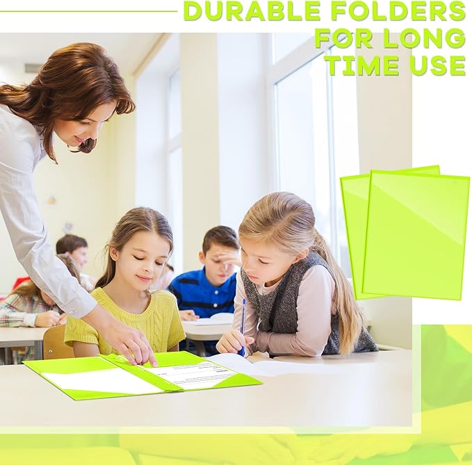 Henoyso 18 Pcs Plastic Folder with Clear Front Pocket and 3 Prong Plastic Folders with Card Slot Pocket Folders with Prongs for School Office (Fluorescent Green)