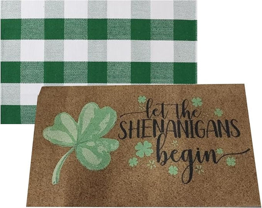 2 Pcs Fall Coir Doormat Outdoor Pumpkin Maple Leave Welcome Outdoor Mat Layered Buffalo Plaid Mats for Autumn Front Porch Entryway Decor (Green and White, Irish)