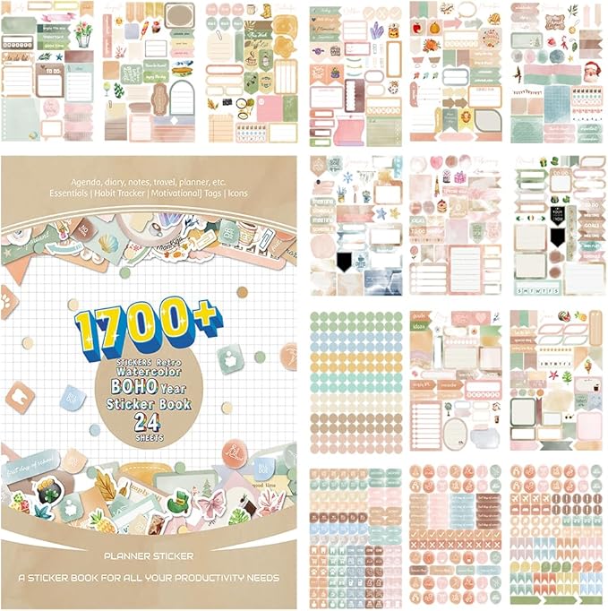 1700+ Planner Stickers Book, 24 Sheets Waterproof Repositionable Stickers for Journal, Bullet Planner, Scrapbook & Calendar, Functional Decorative Sticker Set & Gift (Retro Boho)