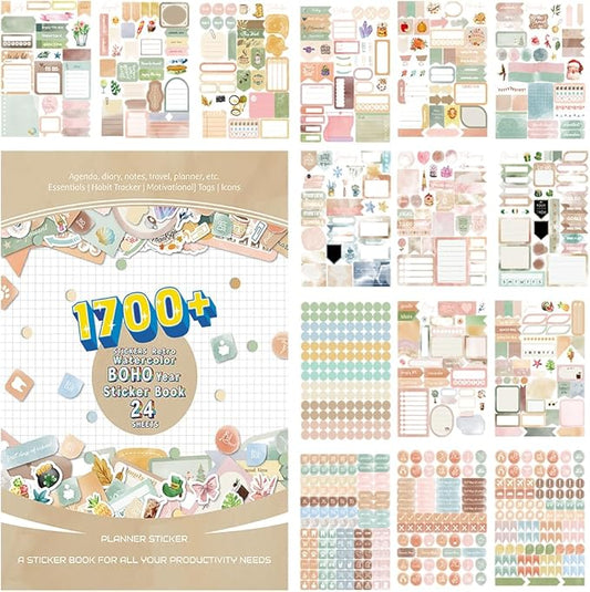 1700+ Planner Stickers Book, 24 Sheets Waterproof Repositionable Stickers for Journal, Bullet Planner, Scrapbook & Calendar, Functional Decorative Sticker Set & Gift (Retro Boho)