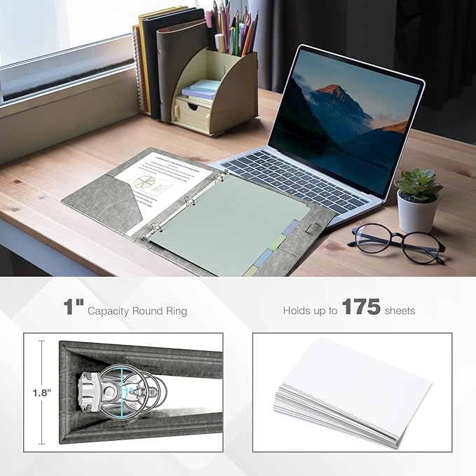 Ospelelf 3 Ring Binder With Clipboard 1 Inch Leather for Letter Size (8.5" x 11"), 5 Tab Dividers Office Supply, Grey