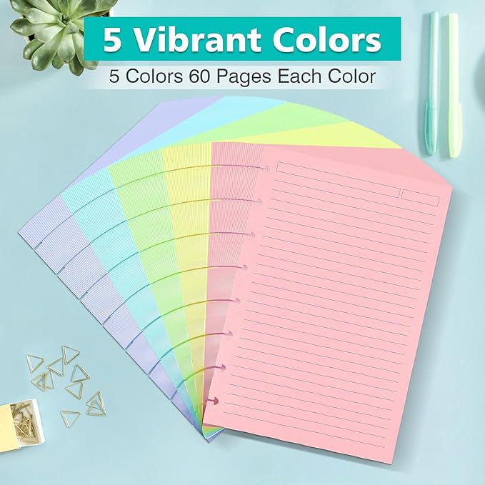Junior Size 8 Discs 120gsm Discbound Refill Paper, Discbound 5 Colorful Line Papers, Disc Paper Refill, Loose-Leaf Papers, Disc Planner Inserts
