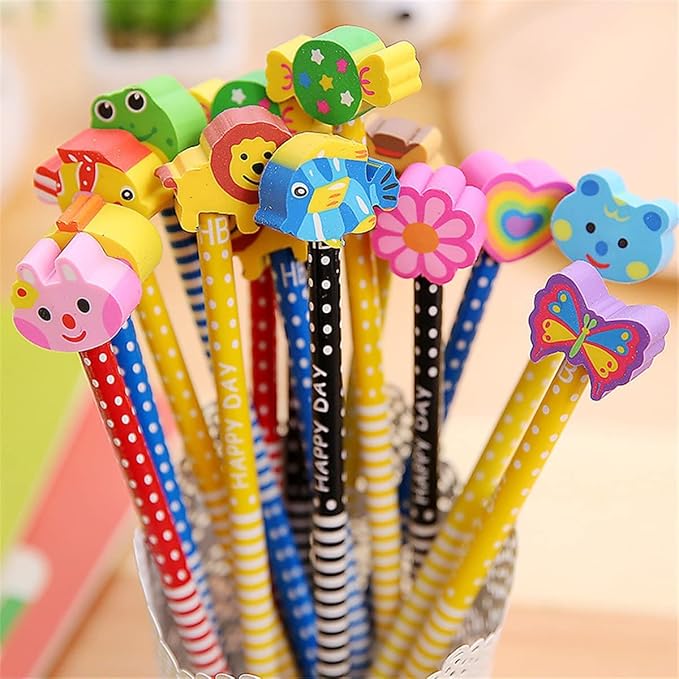 Yansanido Pack of 20 Colorful 7.28 Inch Length Random Cartoon Eraser Pencils, Cute Pencils for Office, School Supplies Students Children Gift (20)