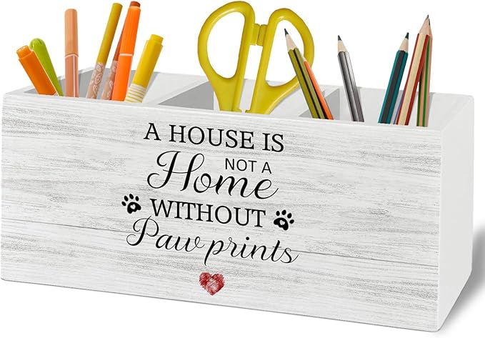 Dog Pen Pencil Holder Organizer for Desk Accessories, Dog Mom Dad Lovers Gifts, a House Is Not a Home Without Paw Prints Wooden Box Sign Desk Decor for Home Decoration, Pet Lover Gifts