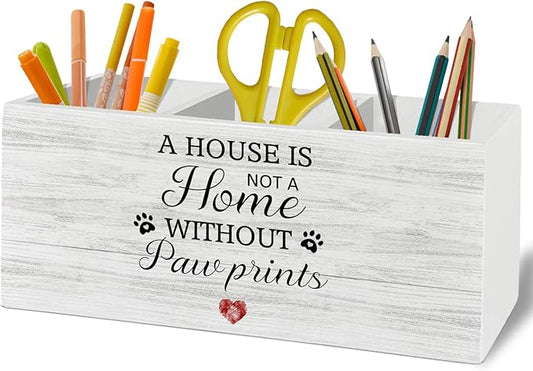 Dog Pen Pencil Holder Organizer for Desk Accessories, Dog Mom Dad Lovers Gifts, a House Is Not a Home Without Paw Prints Wooden Box Sign Desk Decor for Home Decoration, Pet Lover Gifts