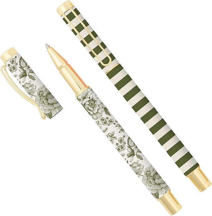 Sweet Water Decor Elegant Green Metal Pen Set, Refillable Black Ink Ballpoint Pens for Home, Office & School, Chic Desk Accessories for Women, Cute Journaling & Writing Gift for Teachers and Students