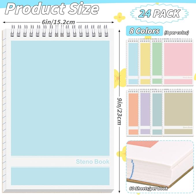 24 Pack Steno Pads 6 x 9 in Spiral Top Notebook Bulk 8 Assorted Color Note Pad 60 Sheets Gregg Rule Writing Paper Steno Notebooks for Students Teachers Men Women Professionals Office School Recording