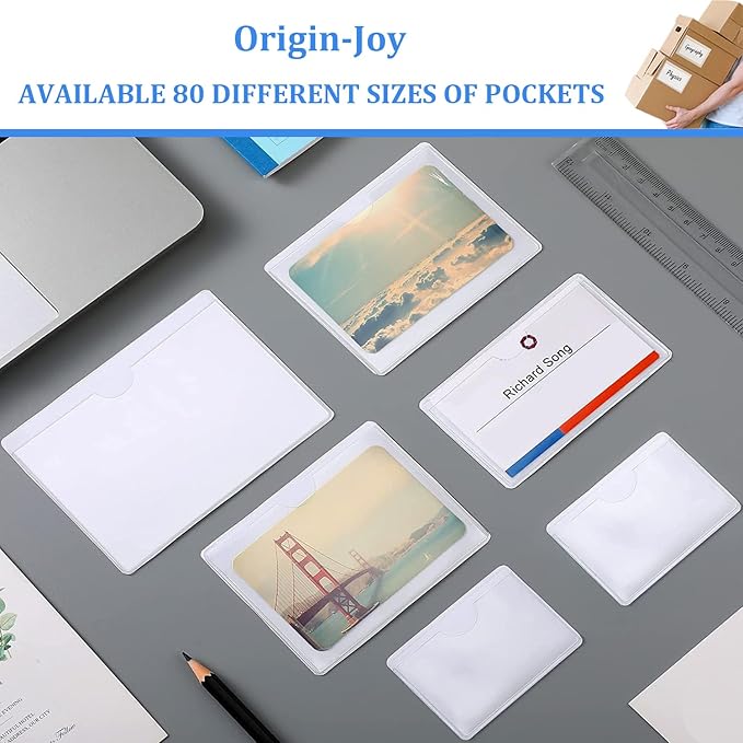 Origin-Joy 25 PCS Self-Adhesive Index Label Pockets, Clear Plastic Peel & Stick Card Holders with Top Open for Loading (2.75 x 8 inch)
